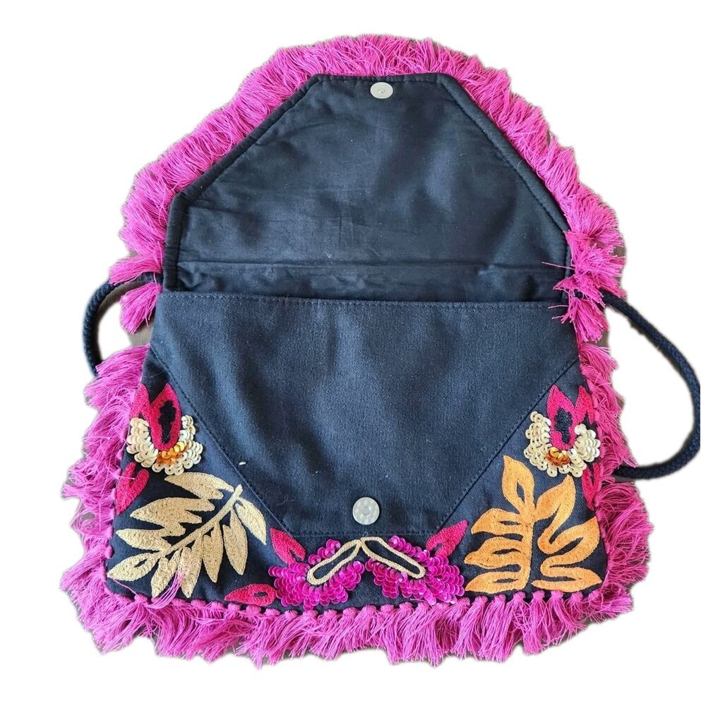 NWT Anthropologie Ibban Clutch Crossbody Bag with sequins & Tassles Boho Pink - Picture 3 of 9